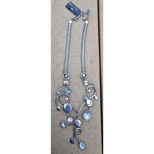 New LIZA KIM Silvertone Chain & Large Clear Rhinestone Statement Necklace 17"